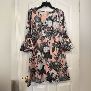 Nina Leonard Pink and Black Floral Long Sleeve Dress